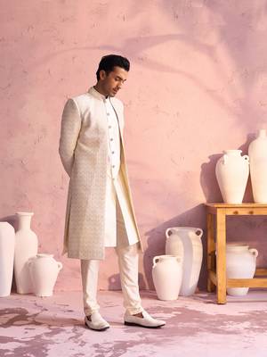  men's cream silk blend sherwani set 2