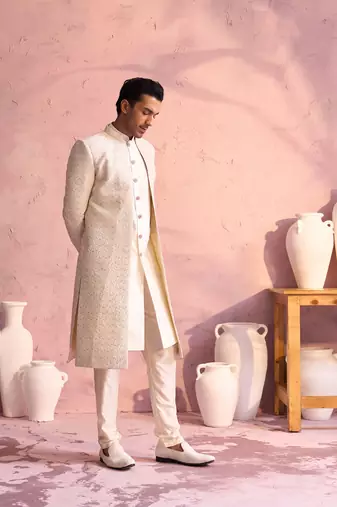  men's cream silk blend sherwani set
