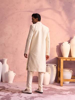  men's cream silk blend sherwani set 3