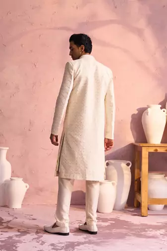  men's cream silk blend sherwani set