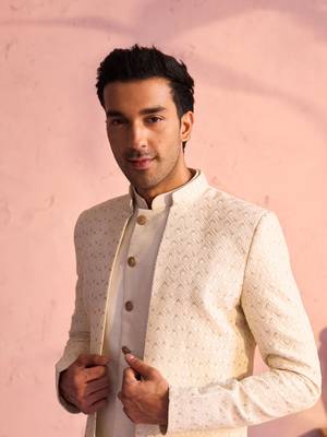  men's cream silk blend sherwani set 4