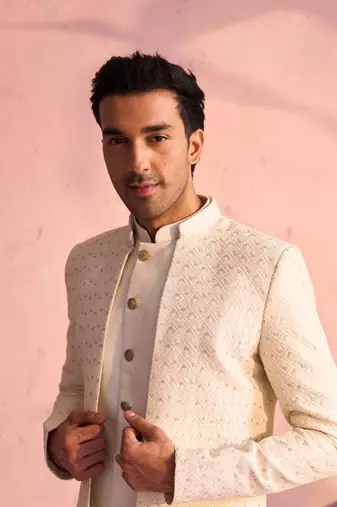  men's cream silk blend sherwani set
