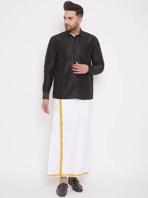  black and white silk blend shirt and mundu 1