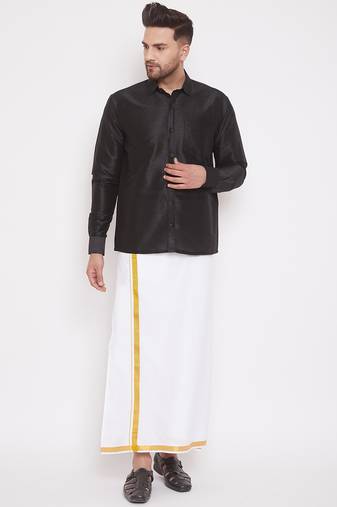  men's black and white silk blend shirt and mundu