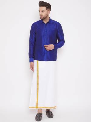  blue and white silk blend shirt and mundu 1