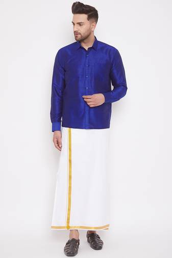  men's blue and white silk blend shirt and mundu