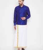 blue and white silk blend shirt and mundu