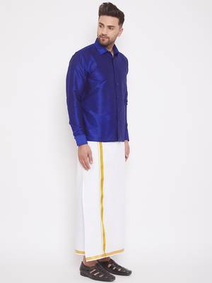 blue and white silk blend shirt and mundu 2