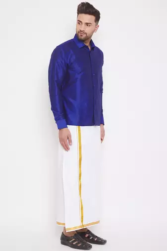  blue and white silk blend shirt and mundu