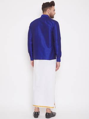  blue and white silk blend shirt and mundu 3