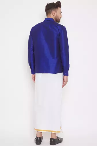  blue and white silk blend shirt and mundu