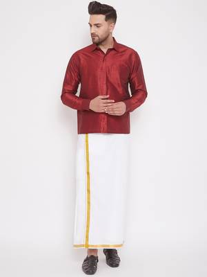  maroon and white silk blend shirt and mundu 1