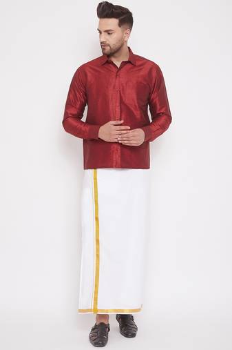  men's maroon and white silk blend shirt and mundu