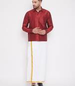  maroon and white silk blend shirt and mundu