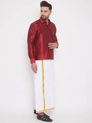  maroon and white silk blend shirt and mundu 2