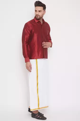  maroon and white silk blend shirt and mundu