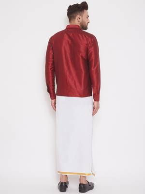  maroon and white silk blend shirt and mundu 3