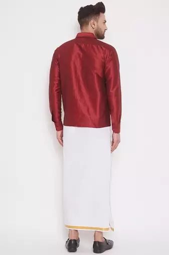  maroon and white silk blend shirt and mundu
