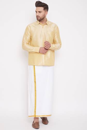  men's gold and white silk blend shirt and mundu