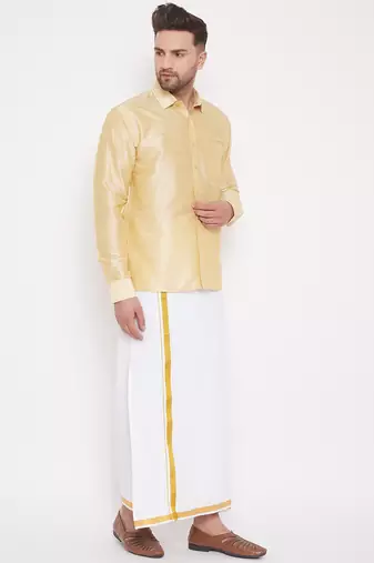  gold and white silk blend shirt and mundu