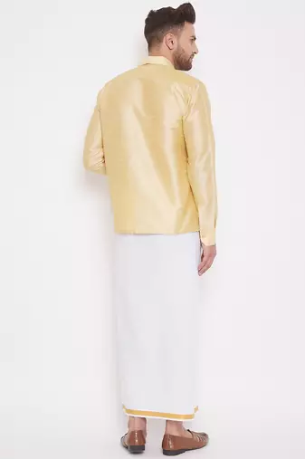  gold and white silk blend shirt and mundu