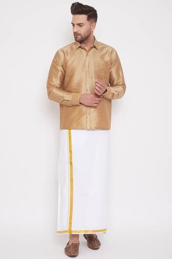  rose gold and white silk blend shirt and mundu