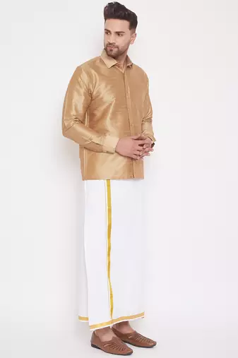  rose gold and white silk blend shirt and mundu