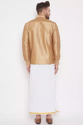  rose gold and white silk blend shirt and mundu