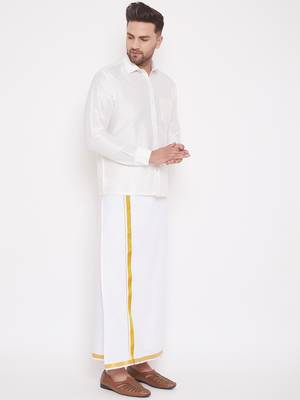  white silk blend shirt and mundu 2