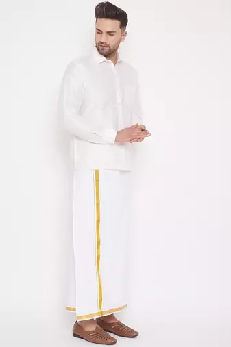  white silk blend shirt and mundu