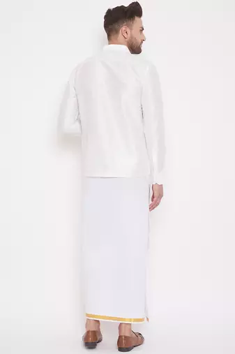  white silk blend shirt and mundu
