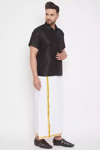  black and white silk blend shirt and mundu
