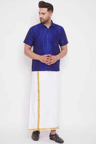  men's blue and white silk blend shirt and mundu