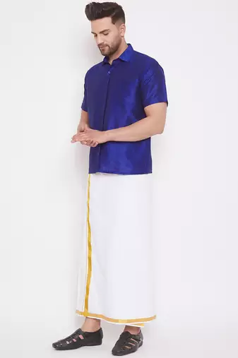  blue and white silk blend shirt and mundu