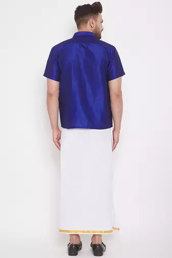  blue and white silk blend shirt and mundu