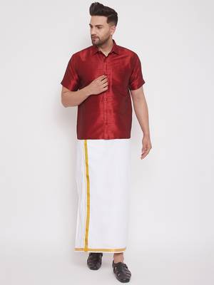  maroon and white silk blend shirt and mundu 1
