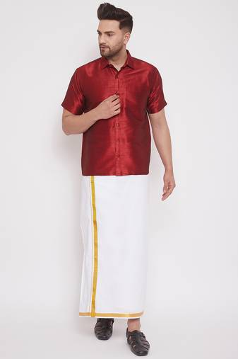  men's maroon and white silk blend shirt and mundu