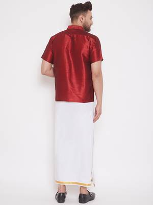  maroon and white silk blend shirt and mundu 3