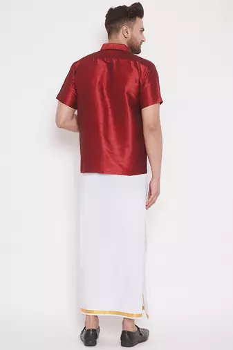 maroon and white silk blend shirt and mundu
