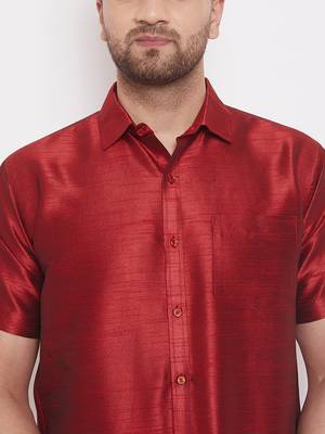  maroon and white silk blend shirt and mundu 4