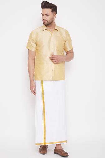  men's gold and white silk blend shirt and mundu