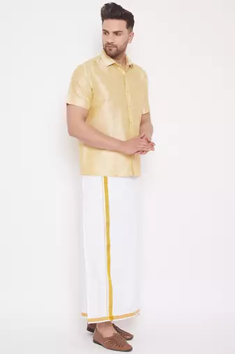  gold and white silk blend shirt and mundu