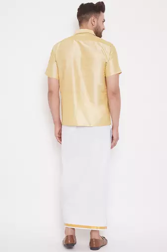  gold and white silk blend shirt and mundu