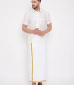  white silk blend shirt and mundu