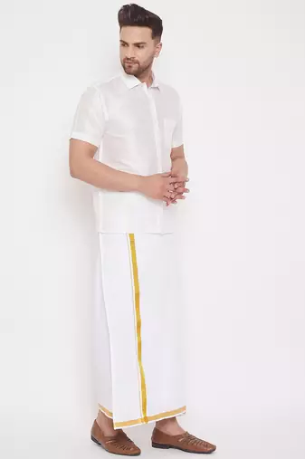  white silk blend shirt and mundu