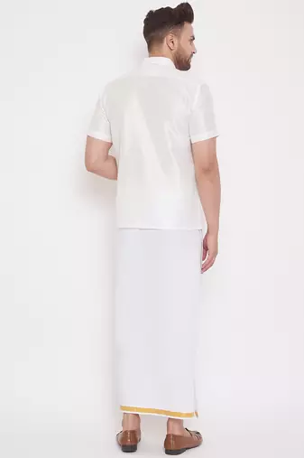  white silk blend shirt and mundu