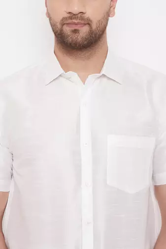  white silk blend shirt and mundu