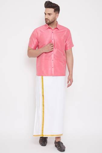 men's pink and white silk blend shirt and mundu