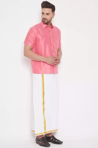  pink and white silk blend shirt and mundu