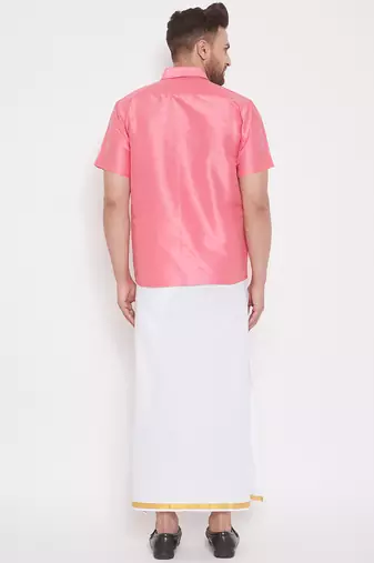  pink and white silk blend shirt and mundu